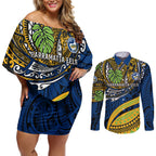Personalised Parramatta Eels Couples Matching Off Shoulder Short Dress and Long Sleeve Button Shirt Polynesian Tribal Art Style With Muscular Eel Mascot