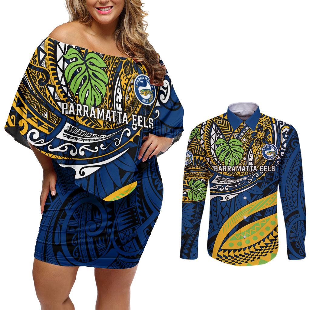 Personalised Parramatta Eels Couples Matching Off Shoulder Short Dress and Long Sleeve Button Shirt Polynesian Tribal Art Style With Muscular Eel Mascot