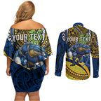 Personalised Parramatta Eels Couples Matching Off Shoulder Short Dress and Long Sleeve Button Shirt Polynesian Tribal Art Style With Muscular Eel Mascot