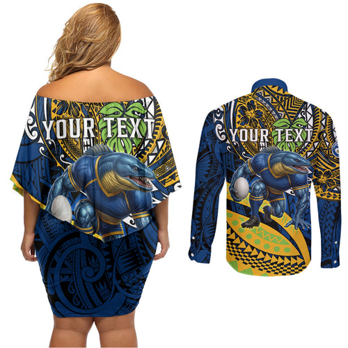 Personalised Parramatta Eels Couples Matching Off Shoulder Short Dress and Long Sleeve Button Shirt Polynesian Tribal Art Style With Muscular Eel Mascot