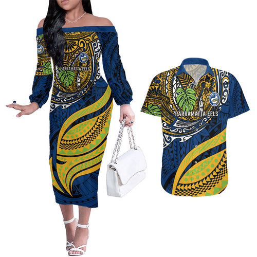 Personalised Parramatta Eels Couples Matching Off The Shoulder Long Sleeve Dress and Hawaiian Shirt Polynesian Tribal Art Style With Muscular Eel Mascot