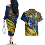 Personalised Parramatta Eels Couples Matching Off The Shoulder Long Sleeve Dress and Hawaiian Shirt Polynesian Tribal Art Style With Muscular Eel Mascot