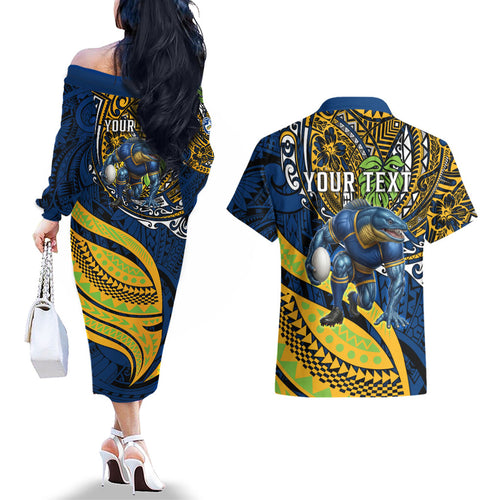 Personalised Parramatta Eels Couples Matching Off The Shoulder Long Sleeve Dress and Hawaiian Shirt Polynesian Tribal Art Style With Muscular Eel Mascot