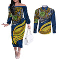 Personalised Parramatta Eels Couples Matching Off The Shoulder Long Sleeve Dress and Long Sleeve Button Shirt Polynesian Tribal Art Style With Muscular Eel Mascot