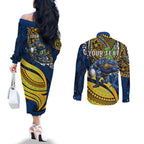 Personalised Parramatta Eels Couples Matching Off The Shoulder Long Sleeve Dress and Long Sleeve Button Shirt Polynesian Tribal Art Style With Muscular Eel Mascot