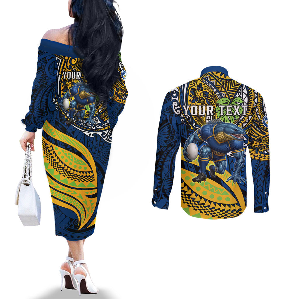 Personalised Parramatta Eels Couples Matching Off The Shoulder Long Sleeve Dress and Long Sleeve Button Shirt Polynesian Tribal Art Style With Muscular Eel Mascot