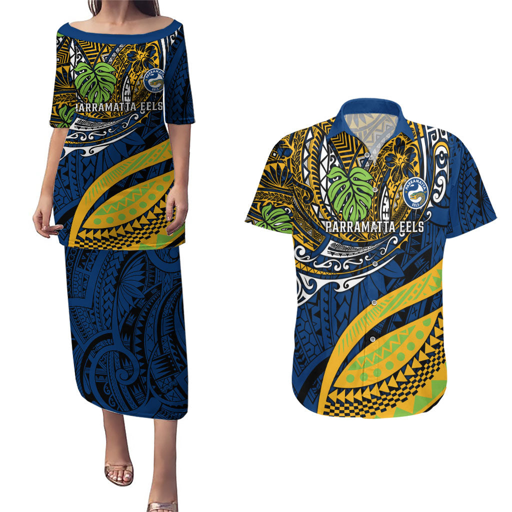 Personalised Parramatta Eels Couples Matching Puletasi and Hawaiian Shirt Polynesian Tribal Art Style With Muscular Eel Mascot