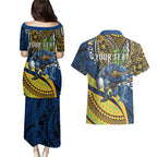 Personalised Parramatta Eels Couples Matching Puletasi and Hawaiian Shirt Polynesian Tribal Art Style With Muscular Eel Mascot