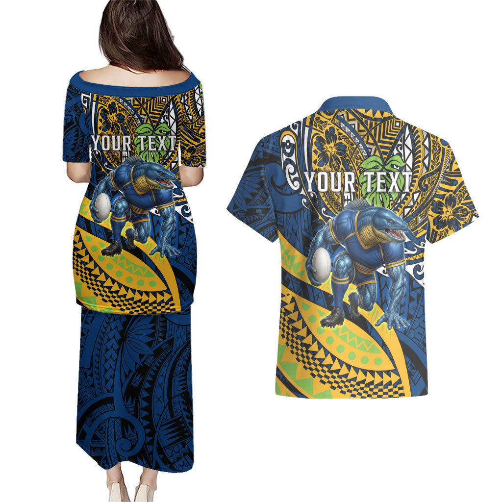 Personalised Parramatta Eels Couples Matching Puletasi and Hawaiian Shirt Polynesian Tribal Art Style With Muscular Eel Mascot
