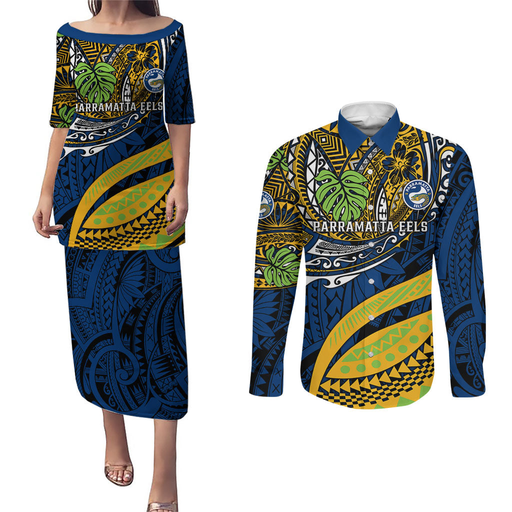 Personalised Parramatta Eels Couples Matching Puletasi and Long Sleeve Button Shirt Polynesian Tribal Art Style With Muscular Eel Mascot