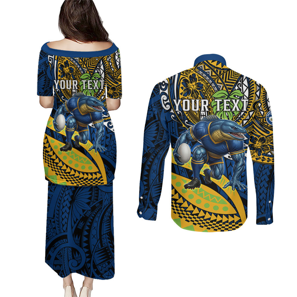 Personalised Parramatta Eels Couples Matching Puletasi and Long Sleeve Button Shirt Polynesian Tribal Art Style With Muscular Eel Mascot