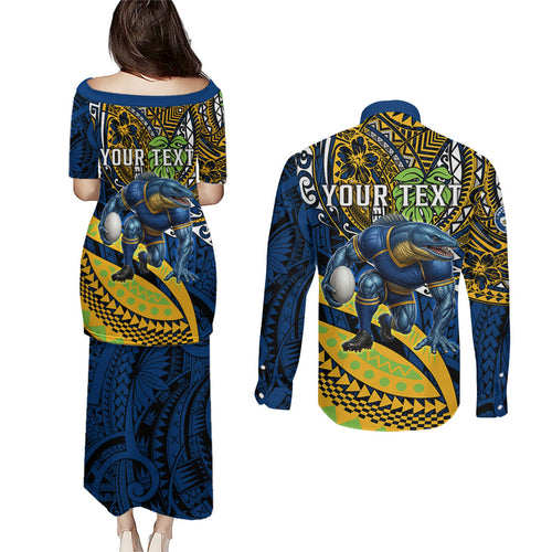 Personalised Parramatta Eels Couples Matching Puletasi and Long Sleeve Button Shirt Polynesian Tribal Art Style With Muscular Eel Mascot