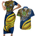 Personalised Parramatta Eels Couples Matching Short Sleeve Bodycon Dress and Hawaiian Shirt Polynesian Tribal Art Style With Muscular Eel Mascot
