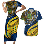 Personalised Parramatta Eels Couples Matching Short Sleeve Bodycon Dress and Hawaiian Shirt Polynesian Tribal Art Style With Muscular Eel Mascot