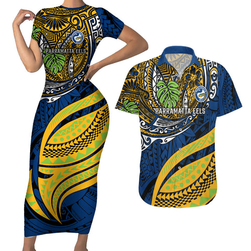 Personalised Parramatta Eels Couples Matching Short Sleeve Bodycon Dress and Hawaiian Shirt Polynesian Tribal Art Style With Muscular Eel Mascot