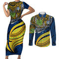 Personalised Parramatta Eels Couples Matching Short Sleeve Bodycon Dress and Long Sleeve Button Shirt Polynesian Tribal Art Style With Muscular Eel Mascot