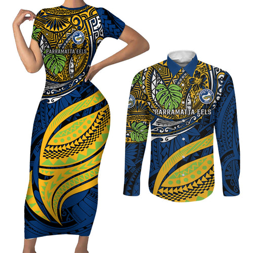 Personalised Parramatta Eels Couples Matching Short Sleeve Bodycon Dress and Long Sleeve Button Shirt Polynesian Tribal Art Style With Muscular Eel Mascot