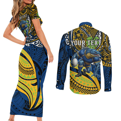 Personalised Parramatta Eels Couples Matching Short Sleeve Bodycon Dress and Long Sleeve Button Shirt Polynesian Tribal Art Style With Muscular Eel Mascot