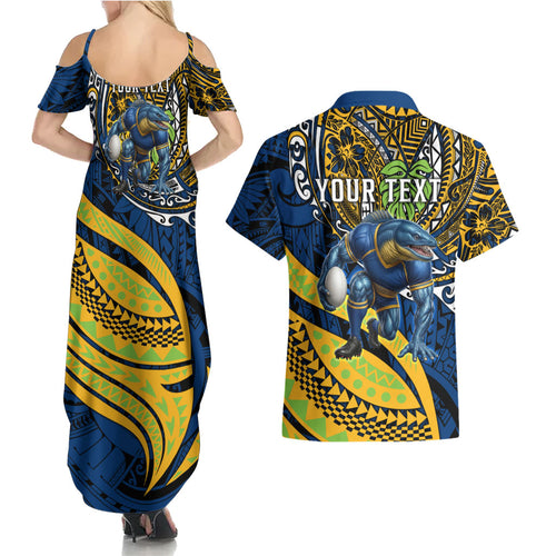 Personalised Parramatta Eels Couples Matching Summer Maxi Dress and Hawaiian Shirt Polynesian Tribal Art Style With Muscular Eel Mascot