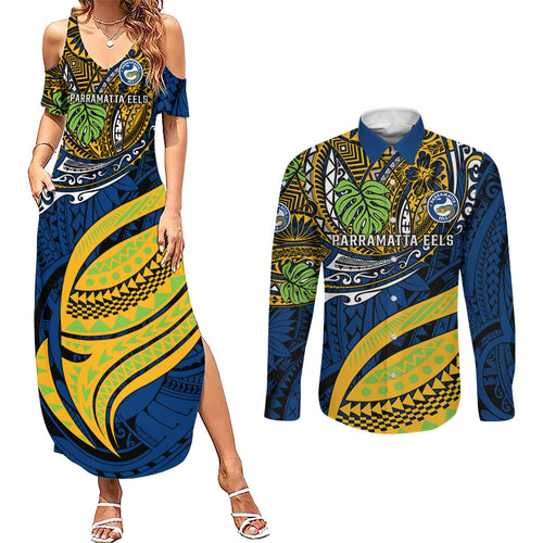 Personalised Parramatta Eels Couples Matching Summer Maxi Dress and Long Sleeve Button Shirt Polynesian Tribal Art Style With Muscular Eel Mascot