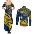 Personalised Parramatta Eels Couples Matching Summer Maxi Dress and Long Sleeve Button Shirt Polynesian Tribal Art Style With Muscular Eel Mascot