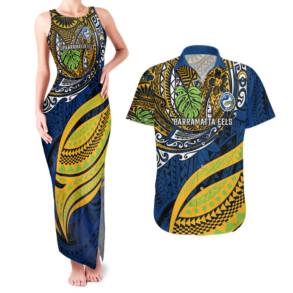 Personalised Parramatta Eels Couples Matching Tank Maxi Dress and Hawaiian Shirt Polynesian Tribal Art Style With Muscular Eel Mascot