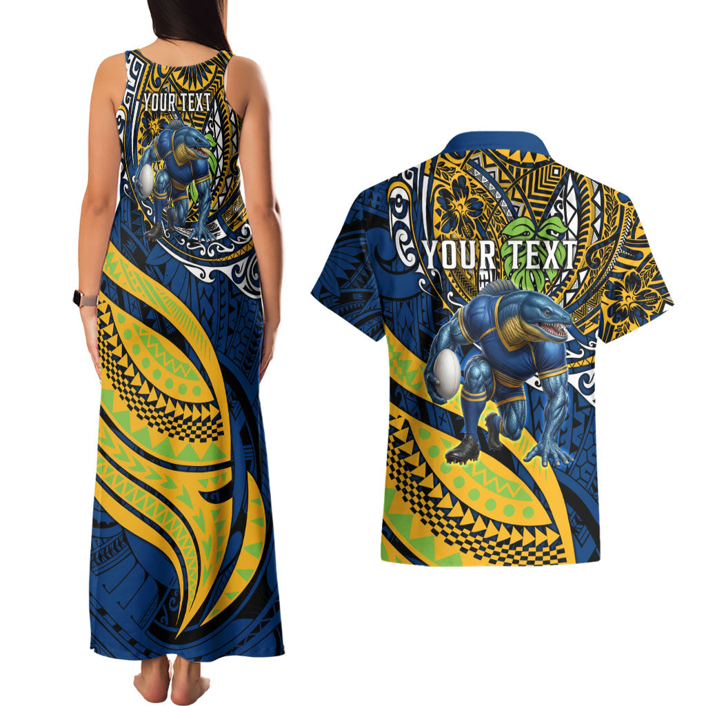Personalised Parramatta Eels Couples Matching Tank Maxi Dress and Hawaiian Shirt Polynesian Tribal Art Style With Muscular Eel Mascot