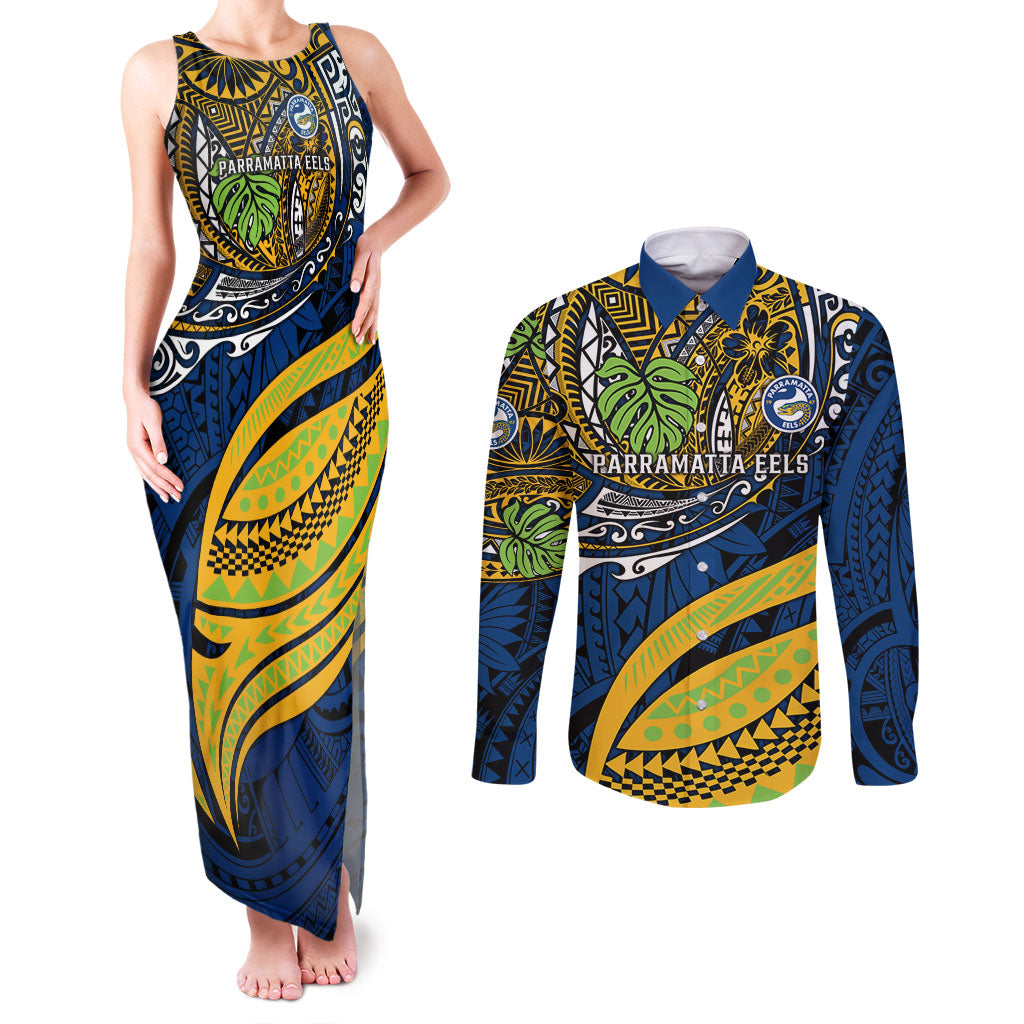Personalised Parramatta Eels Couples Matching Tank Maxi Dress and Long Sleeve Button Shirt Polynesian Tribal Art Style With Muscular Eel Mascot