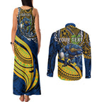 Personalised Parramatta Eels Couples Matching Tank Maxi Dress and Long Sleeve Button Shirt Polynesian Tribal Art Style With Muscular Eel Mascot