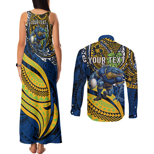 Personalised Parramatta Eels Couples Matching Tank Maxi Dress and Long Sleeve Button Shirt Polynesian Tribal Art Style With Muscular Eel Mascot