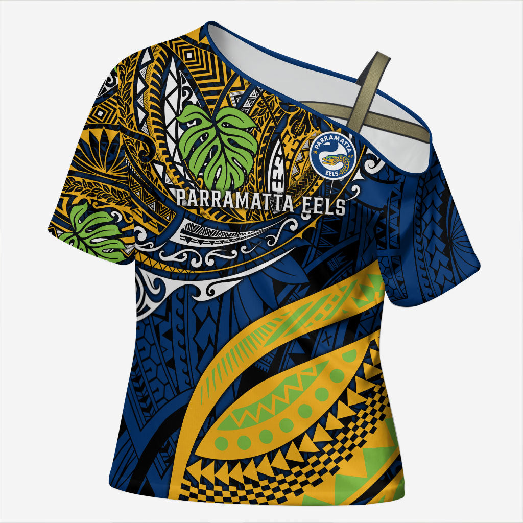 Personalised Parramatta Eels Cross Shoulder Shirt Polynesian Tribal Art Style With Muscular Eel Mascot