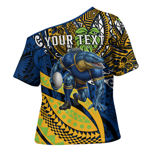 Personalised Parramatta Eels Cross Shoulder Shirt Polynesian Tribal Art Style With Muscular Eel Mascot