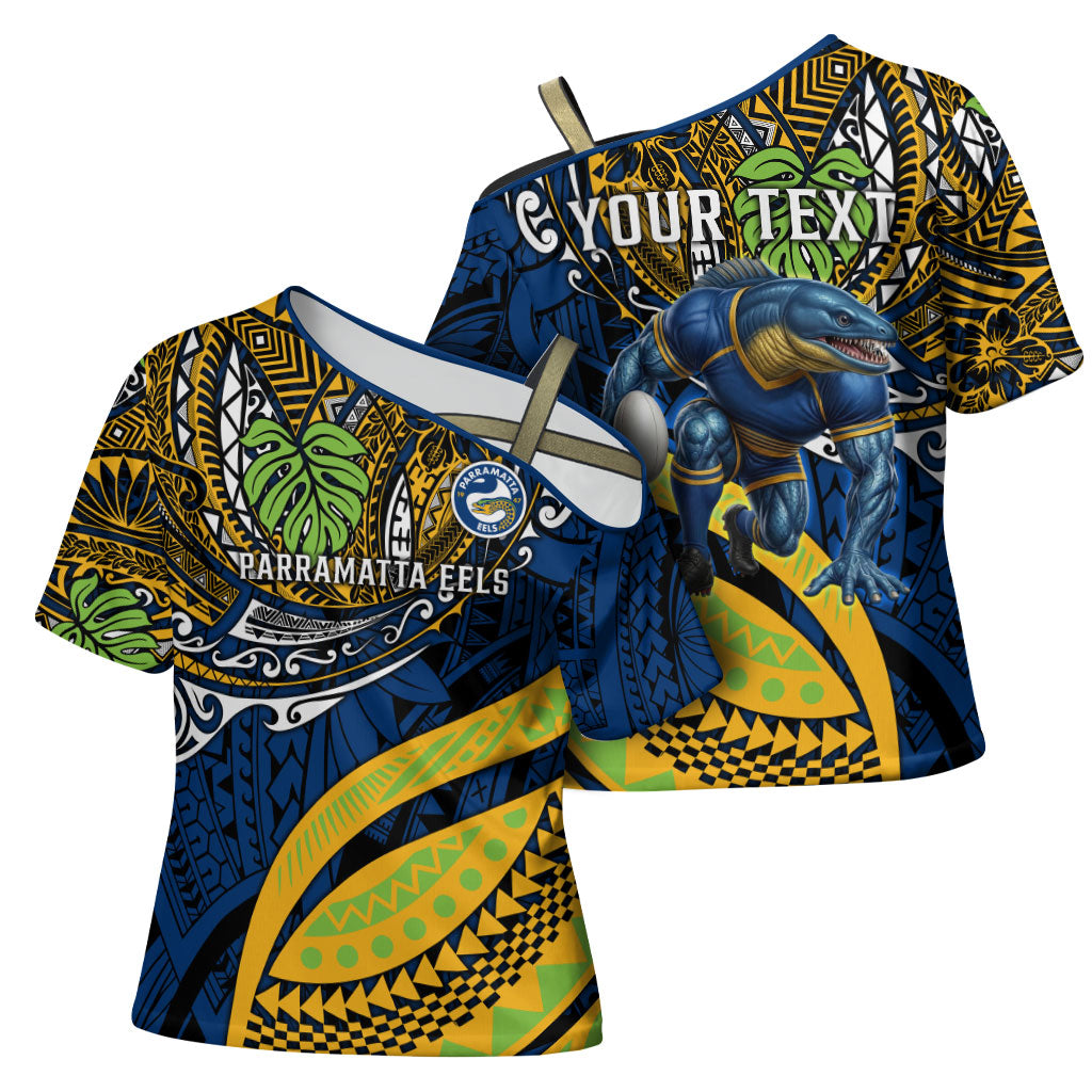 Personalised Parramatta Eels Cross Shoulder Shirt Polynesian Tribal Art Style With Muscular Eel Mascot