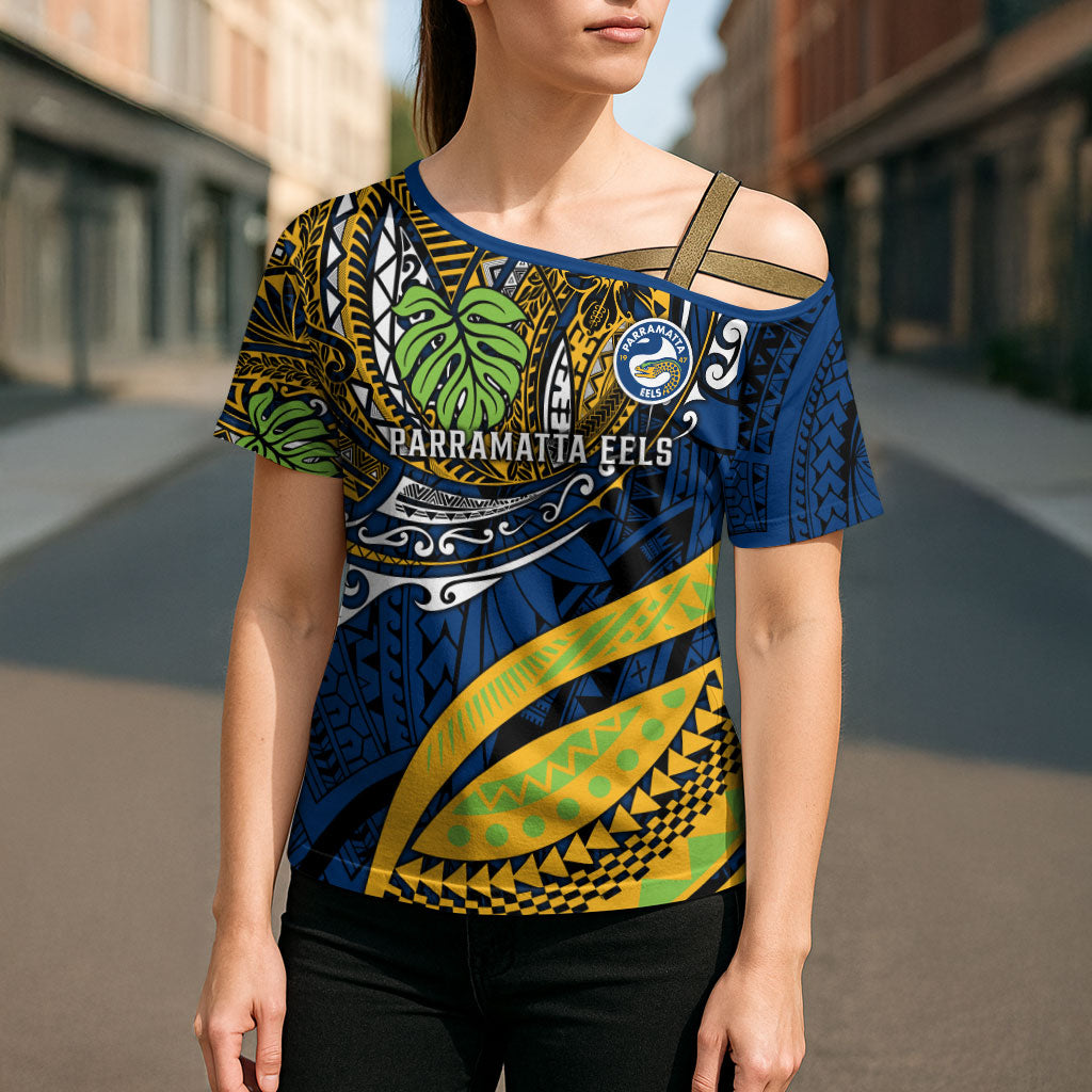 Personalised Parramatta Eels Cross Shoulder Shirt Polynesian Tribal Art Style With Muscular Eel Mascot