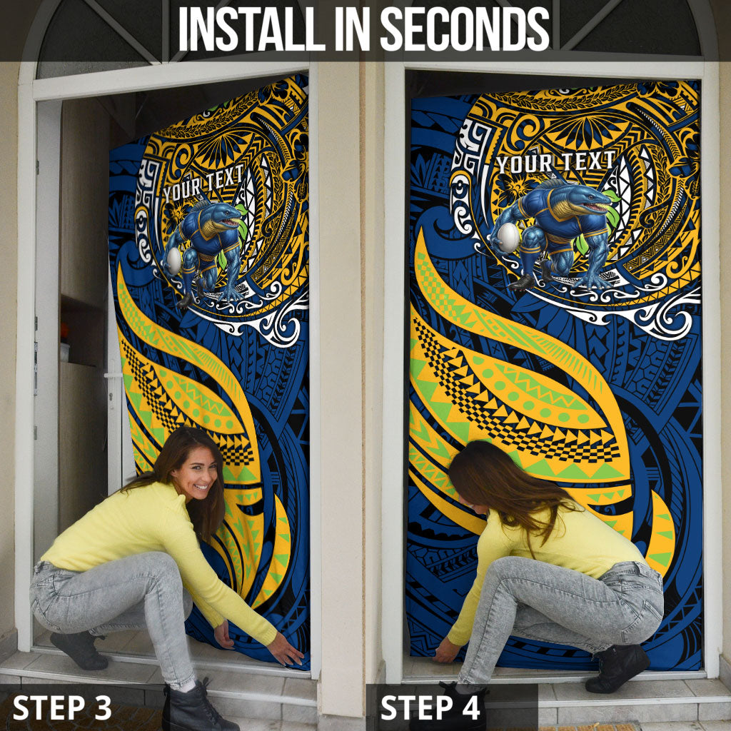 Personalised Parramatta Eels Door Cover Polynesian Tribal Art Style With Muscular Eel Mascot