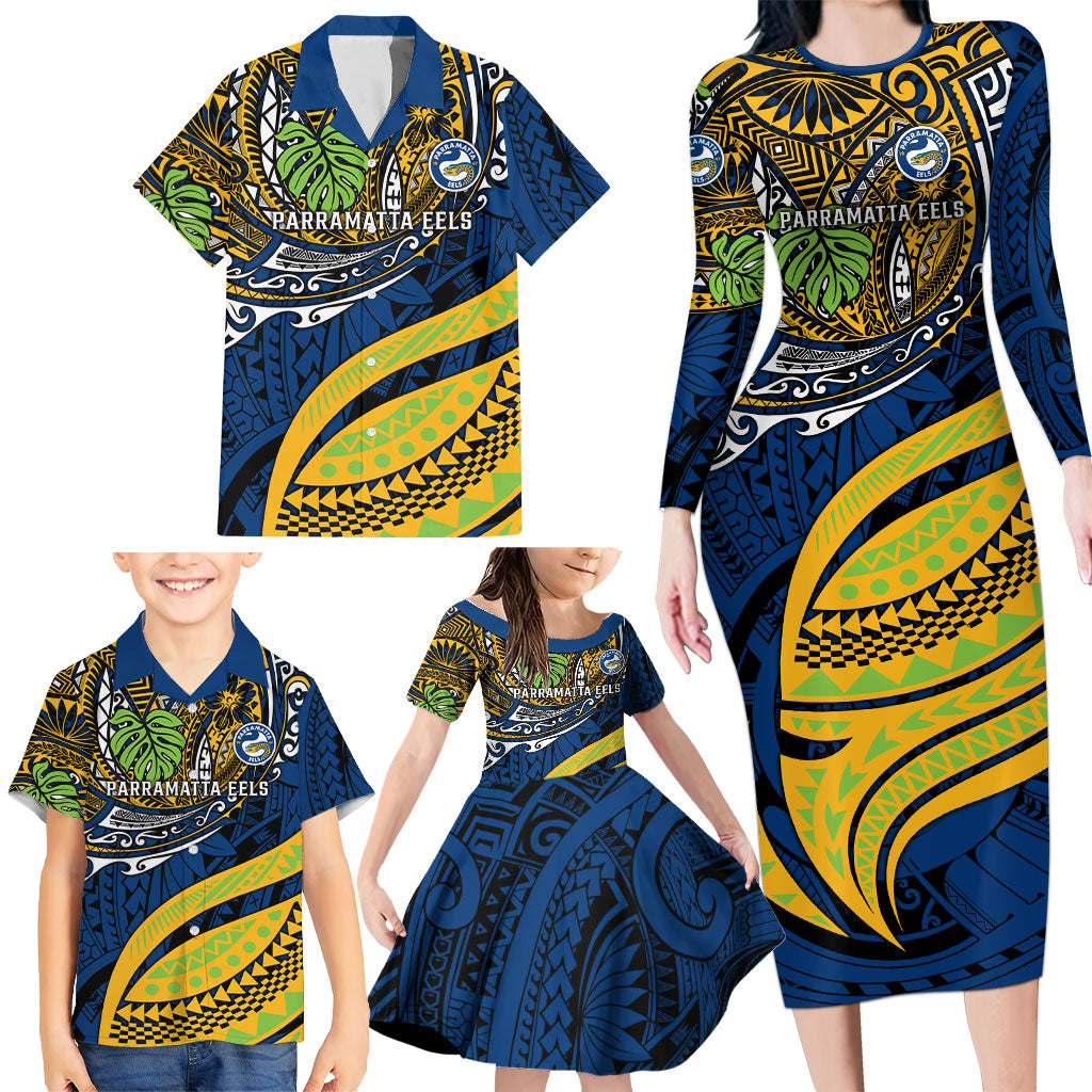 Personalised Parramatta Eels Family Matching Long Sleeve Bodycon Dress and Hawaiian Shirt Polynesian Tribal Art Style With Muscular Eel Mascot