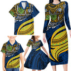 Personalised Parramatta Eels Family Matching Long Sleeve Bodycon Dress and Hawaiian Shirt Polynesian Tribal Art Style With Muscular Eel Mascot