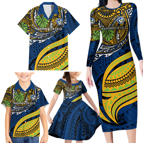 Personalised Parramatta Eels Family Matching Long Sleeve Bodycon Dress and Hawaiian Shirt Polynesian Tribal Art Style With Muscular Eel Mascot