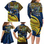 Personalised Parramatta Eels Family Matching Long Sleeve Bodycon Dress and Hawaiian Shirt Polynesian Tribal Art Style With Muscular Eel Mascot