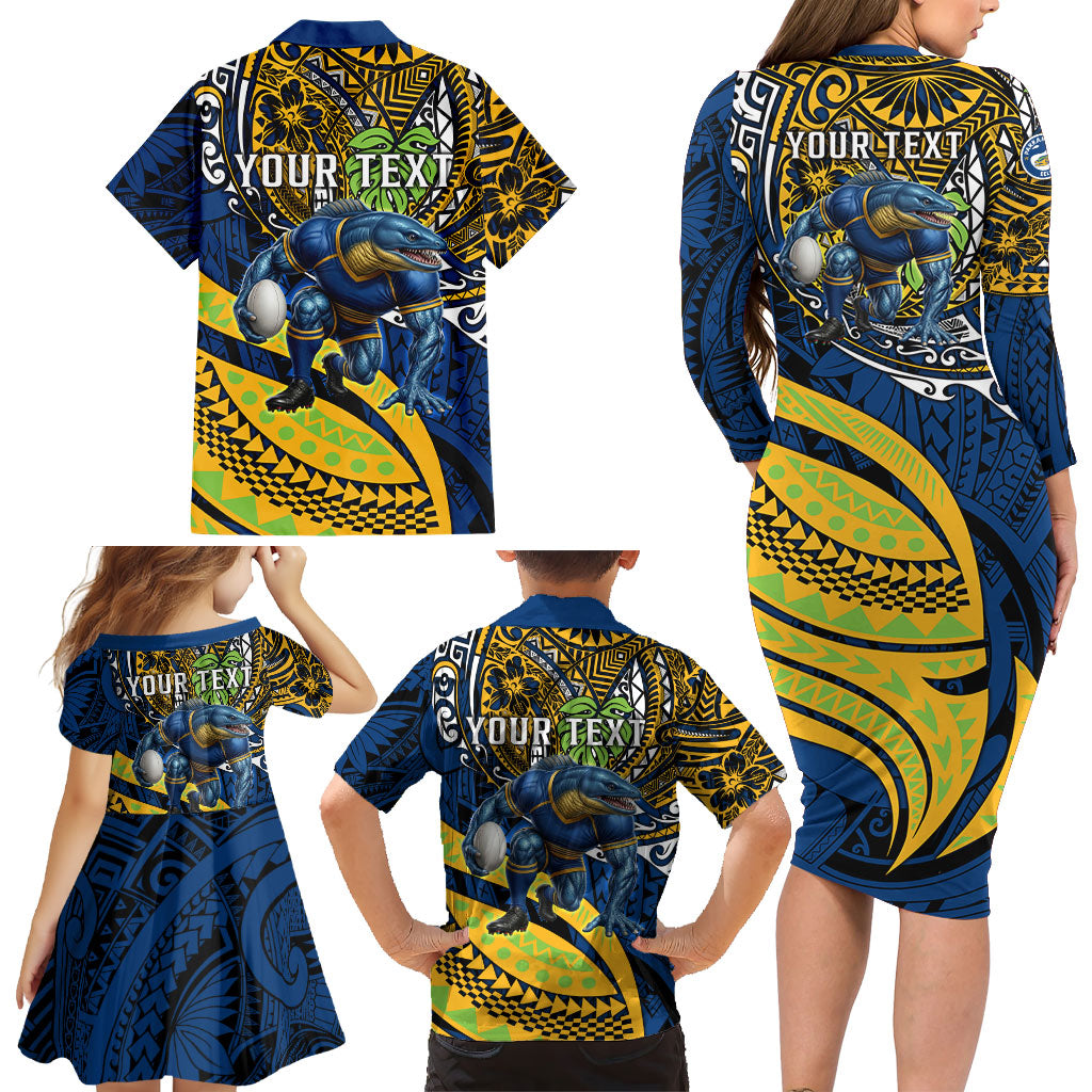 Personalised Parramatta Eels Family Matching Long Sleeve Bodycon Dress and Hawaiian Shirt Polynesian Tribal Art Style With Muscular Eel Mascot