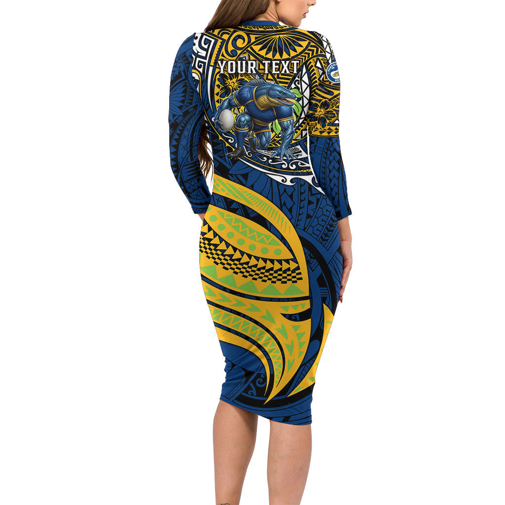 Personalised Parramatta Eels Family Matching Long Sleeve Bodycon Dress and Hawaiian Shirt Polynesian Tribal Art Style With Muscular Eel Mascot
