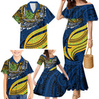 Personalised Parramatta Eels Family Matching Mermaid Dress and Hawaiian Shirt Polynesian Tribal Art Style With Muscular Eel Mascot