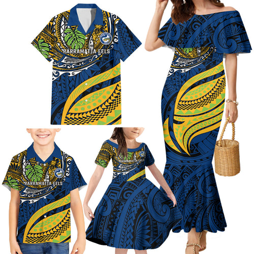 Personalised Parramatta Eels Family Matching Mermaid Dress and Hawaiian Shirt Polynesian Tribal Art Style With Muscular Eel Mascot