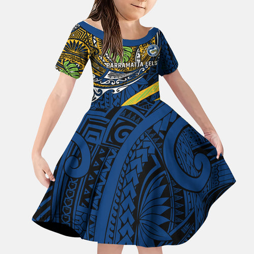 Personalised Parramatta Eels Family Matching Mermaid Dress and Hawaiian Shirt Polynesian Tribal Art Style With Muscular Eel Mascot