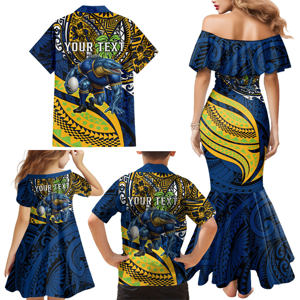 Personalised Parramatta Eels Family Matching Mermaid Dress and Hawaiian Shirt Polynesian Tribal Art Style With Muscular Eel Mascot