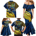 Personalised Parramatta Eels Family Matching Mermaid Dress and Hawaiian Shirt Polynesian Tribal Art Style With Muscular Eel Mascot