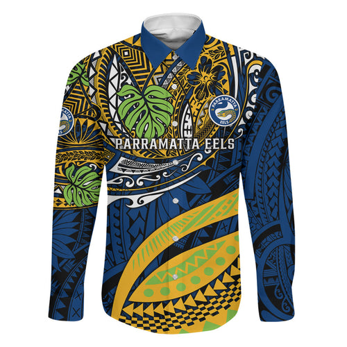 Personalised Parramatta Eels Family Matching Mermaid Dress and Hawaiian Shirt Polynesian Tribal Art Style With Muscular Eel Mascot