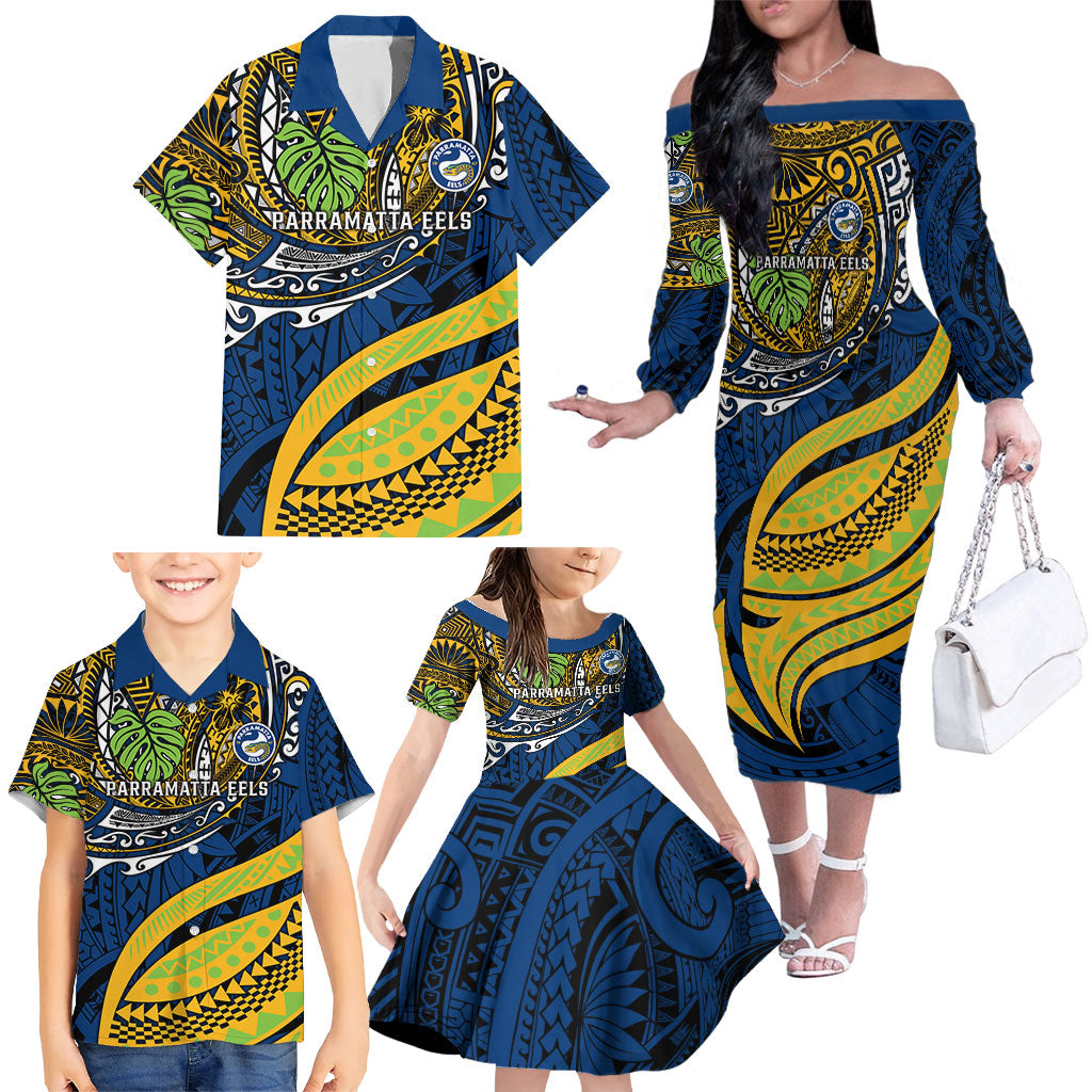 Personalised Parramatta Eels Family Matching Off The Shoulder Long Sleeve Dress and Hawaiian Shirt Polynesian Tribal Art Style With Muscular Eel Mascot