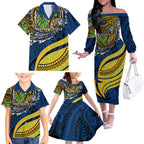 Personalised Parramatta Eels Family Matching Off The Shoulder Long Sleeve Dress and Hawaiian Shirt Polynesian Tribal Art Style With Muscular Eel Mascot