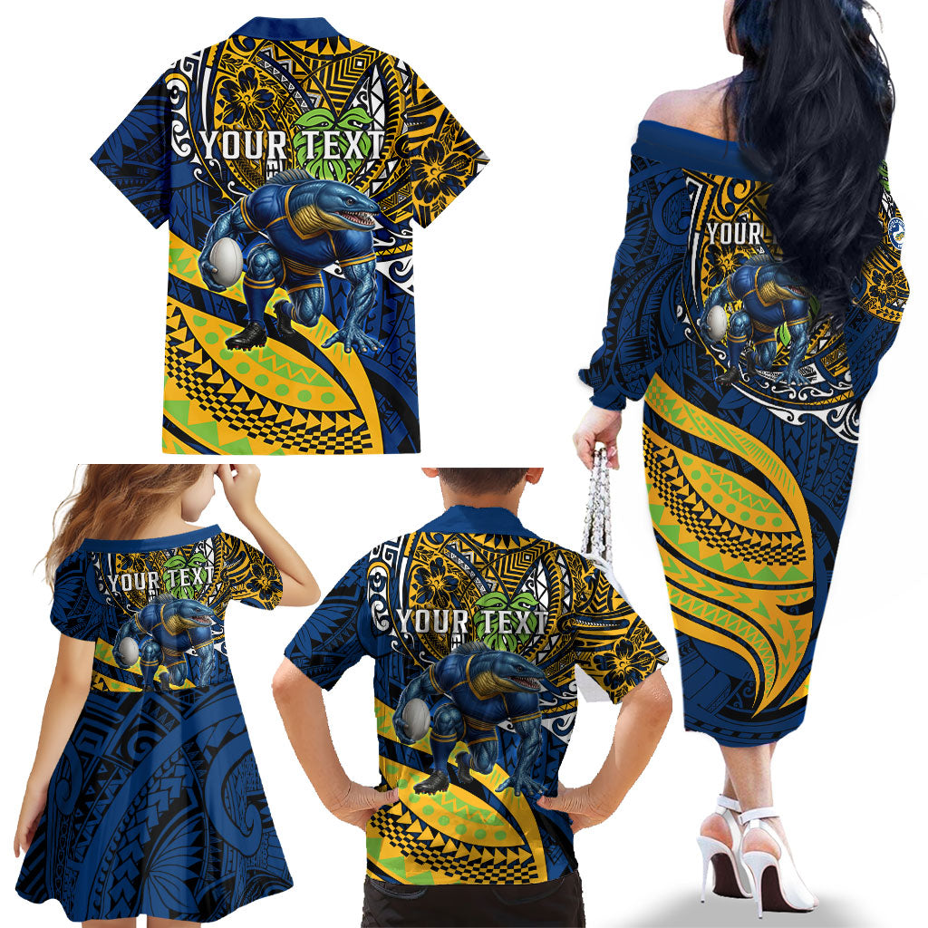 Personalised Parramatta Eels Family Matching Off The Shoulder Long Sleeve Dress and Hawaiian Shirt Polynesian Tribal Art Style With Muscular Eel Mascot